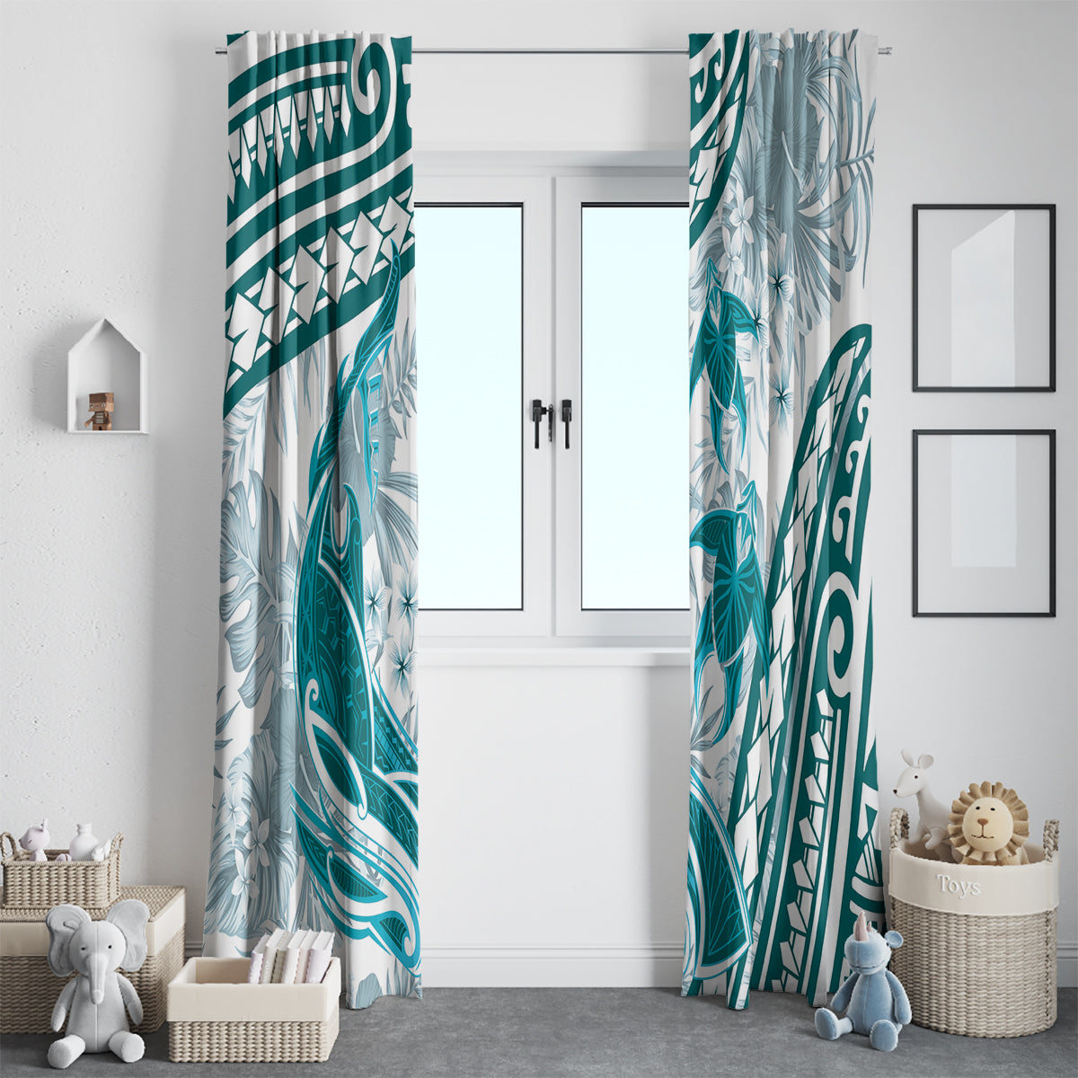 Cyan Polynesia Window Curtain Polynesian Turtle Shark Tattoo Tropical Vintage LT14 - Polynesian Pride