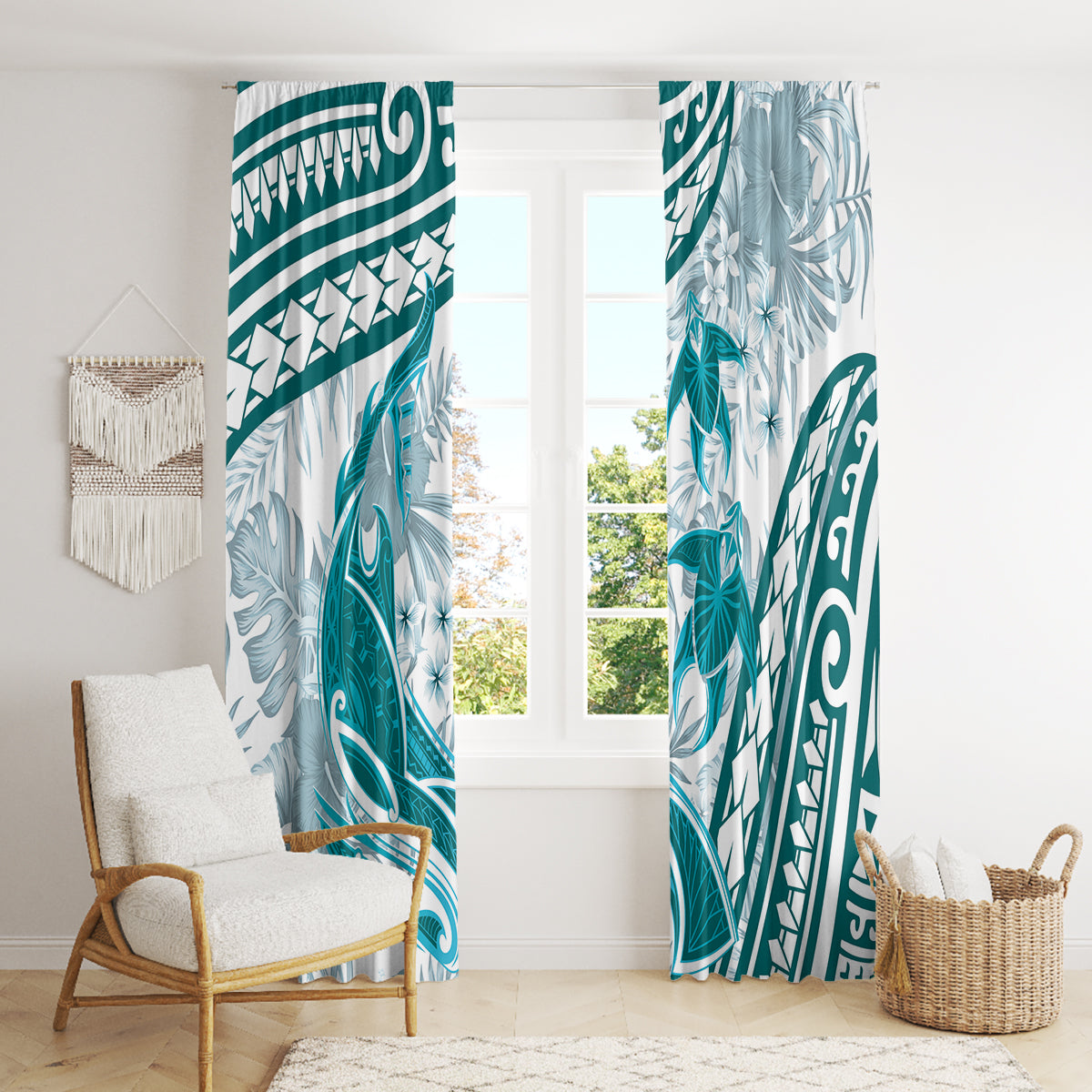 Cyan Polynesia Window Curtain Polynesian Turtle Shark Tattoo Tropical Vintage LT14 - Polynesian Pride