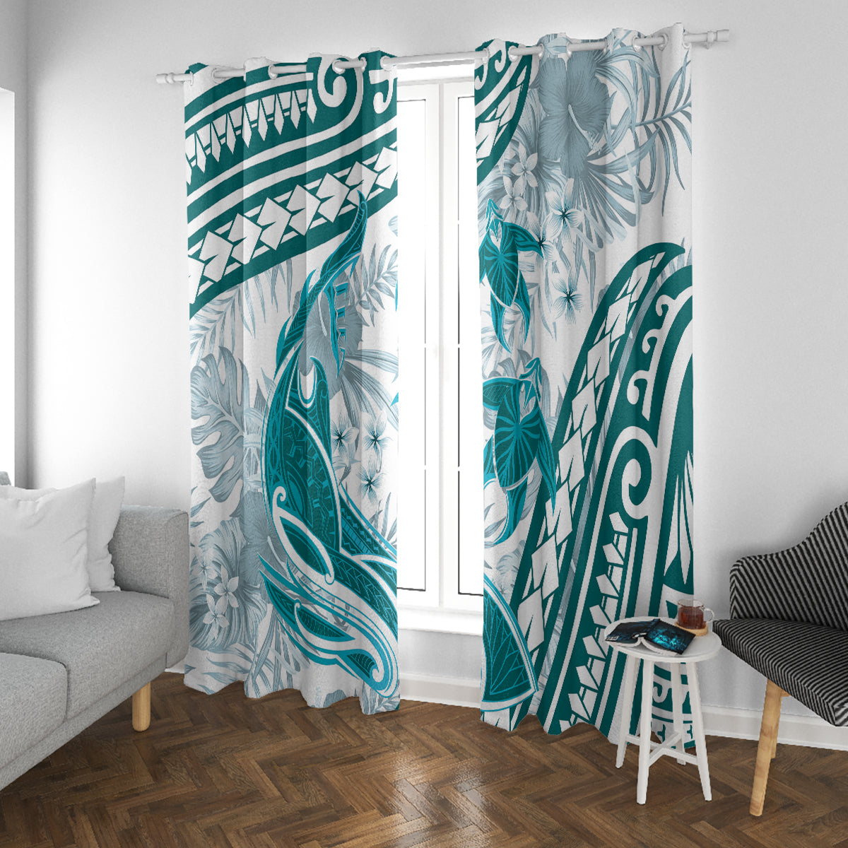 Cyan Polynesia Window Curtain Polynesian Turtle Shark Tattoo Tropical Vintage LT14 With Grommets Cyan - Polynesian Pride