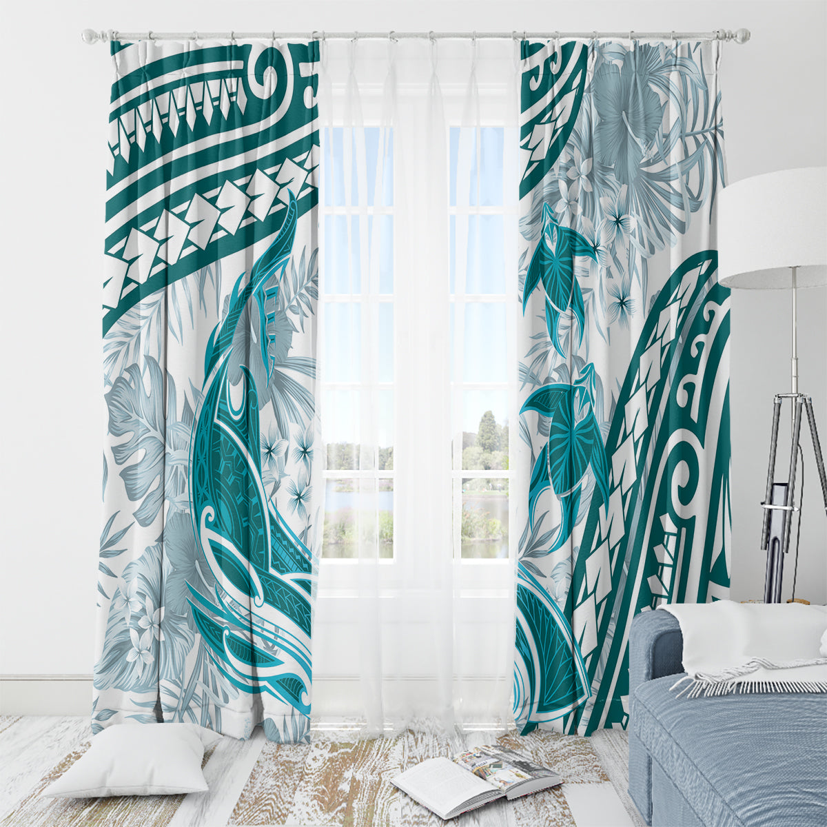 Cyan Polynesia Window Curtain Polynesian Turtle Shark Tattoo Tropical Vintage LT14 - Polynesian Pride