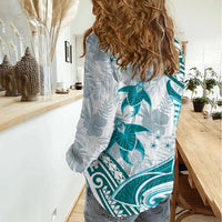 Cyan Polynesia Women Casual Shirt Polynesian Turtle Shark Tattoo Tropical Vintage LT14 - Polynesian Pride