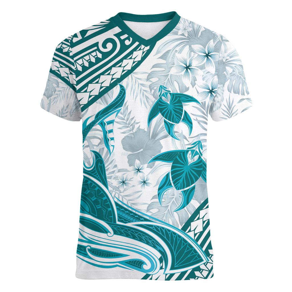 Cyan Polynesia Women V Neck T Shirt Polynesian Turtle Shark Tattoo Tropical Vintage LT14 Female Cyan - Polynesian Pride