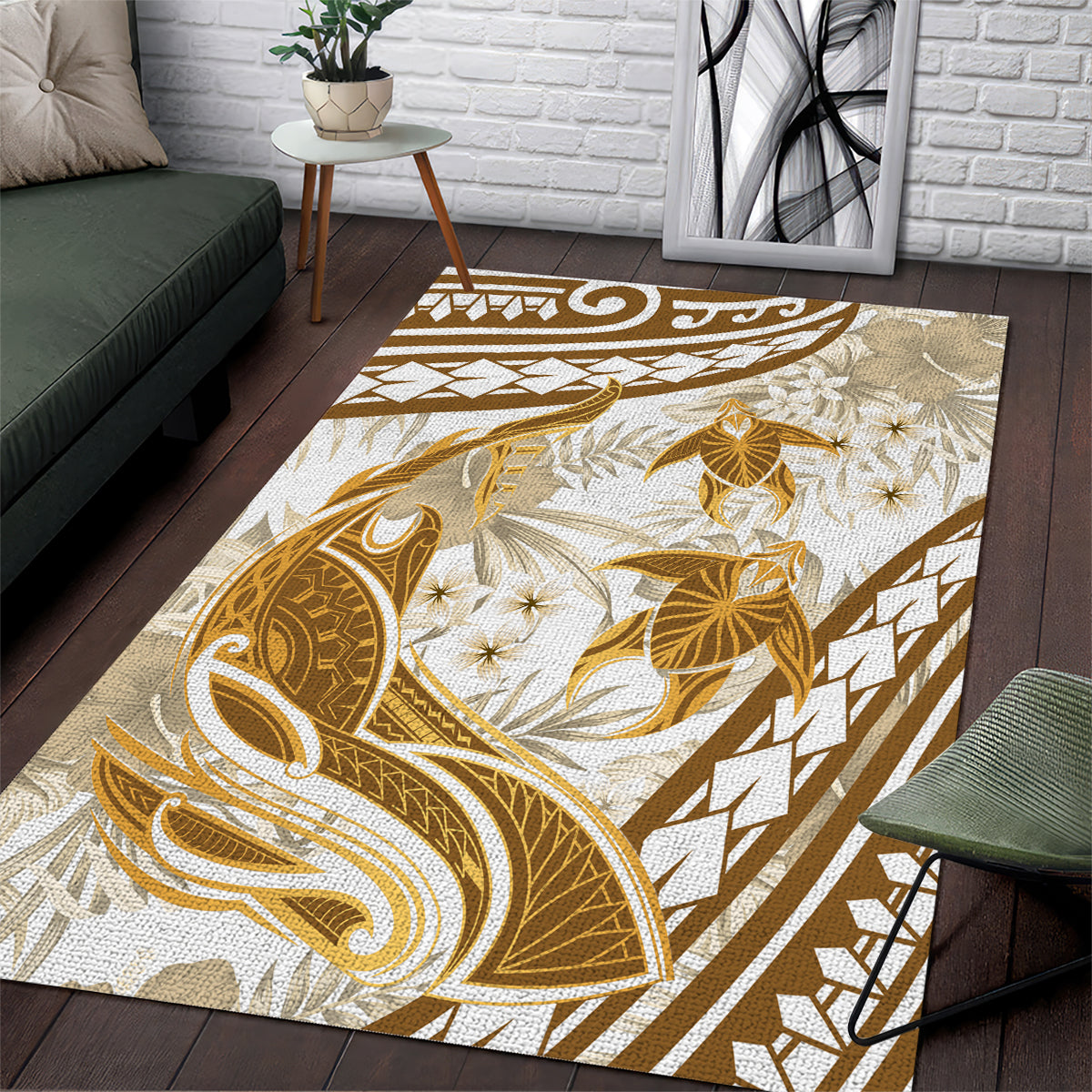 Gold Polynesia Area Rug Polynesian Turtle Shark Tattoo Tropical Vintage