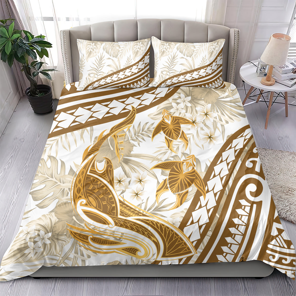 Gold Polynesia Bedding Set Polynesian Turtle Shark Tattoo Tropical Vintage LT14 - Polynesian Pride