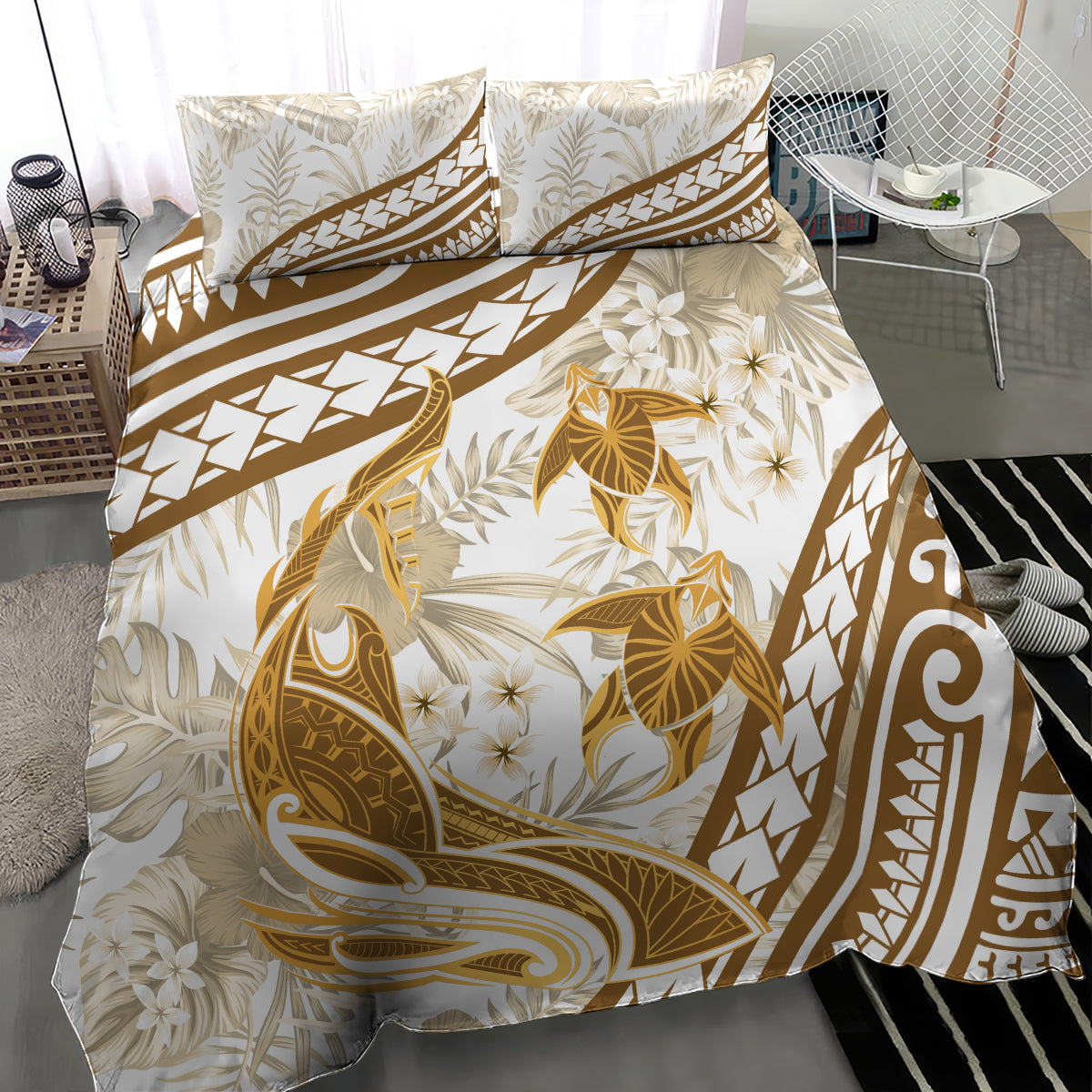 Gold Polynesia Bedding Set Polynesian Turtle Shark Tattoo Tropical Vintage LT14 - Polynesian Pride