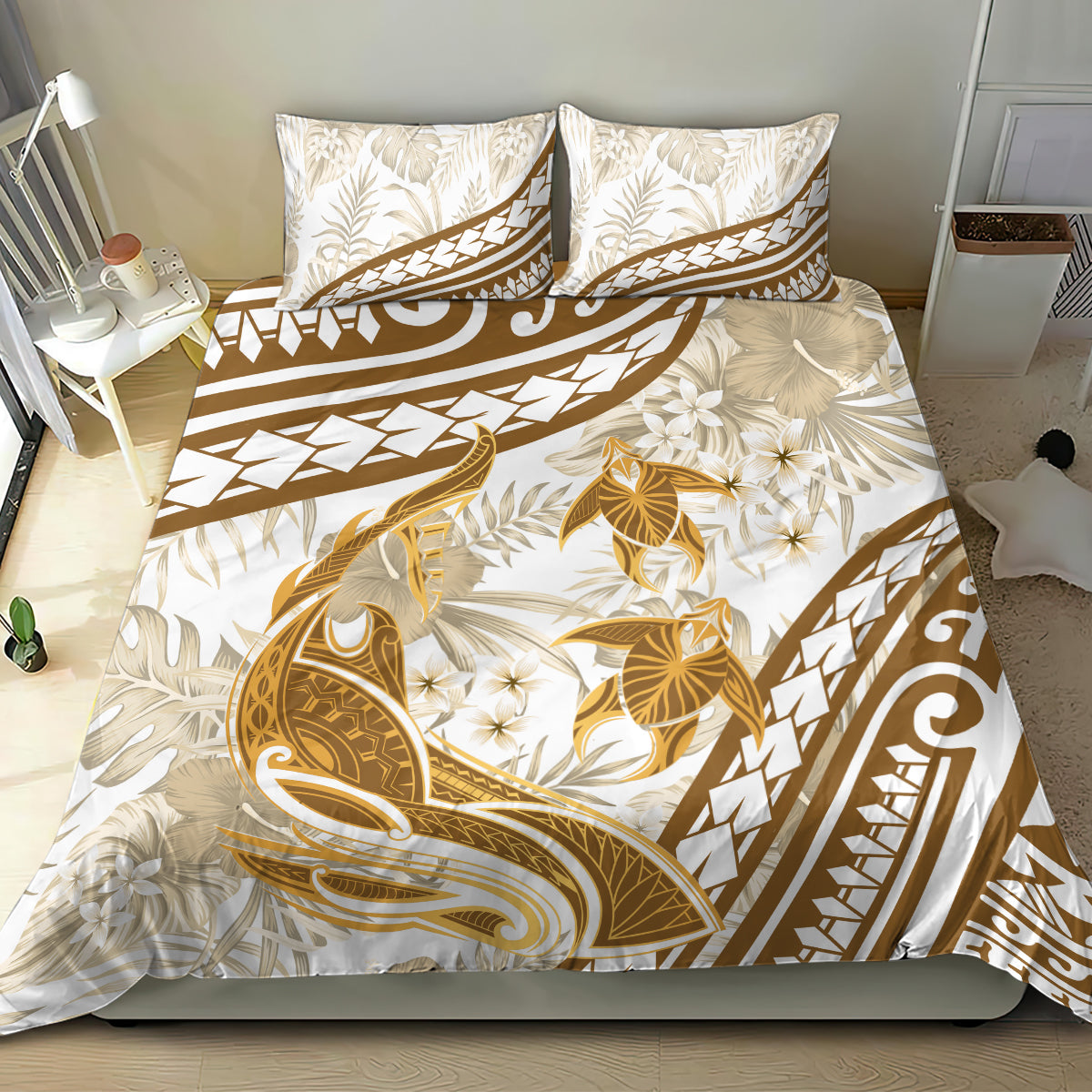 Gold Polynesia Bedding Set Polynesian Turtle Shark Tattoo Tropical Vintage LT14 - Polynesian Pride
