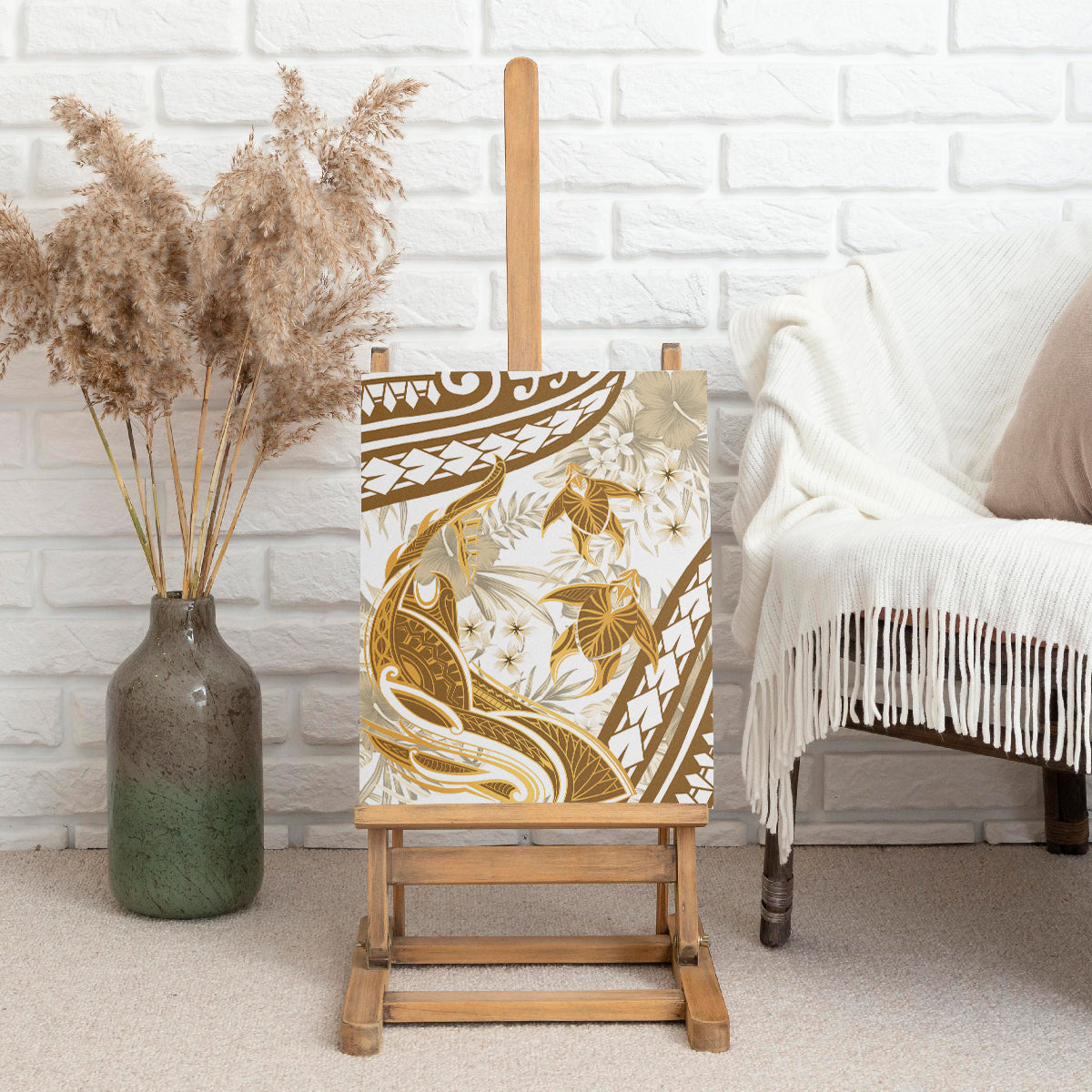 Gold Polynesia Canvas Wall Art Polynesian Turtle Shark Tattoo Tropical Vintage LT14 - Polynesian Pride