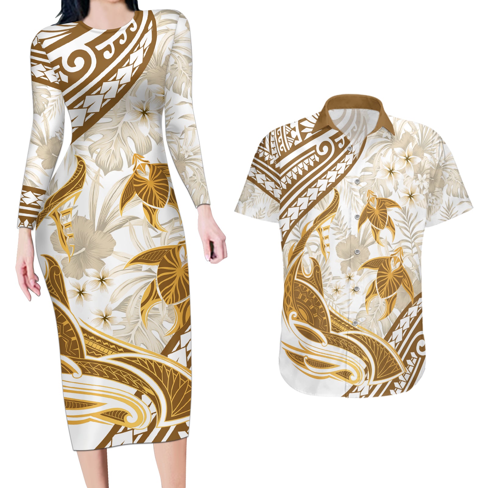 Gold Polynesia Couples Matching Long Sleeve Bodycon Dress and Hawaiian Shirt Polynesian Turtle Shark Tattoo Tropical Vintage LT14 Gold - Polynesian Pride