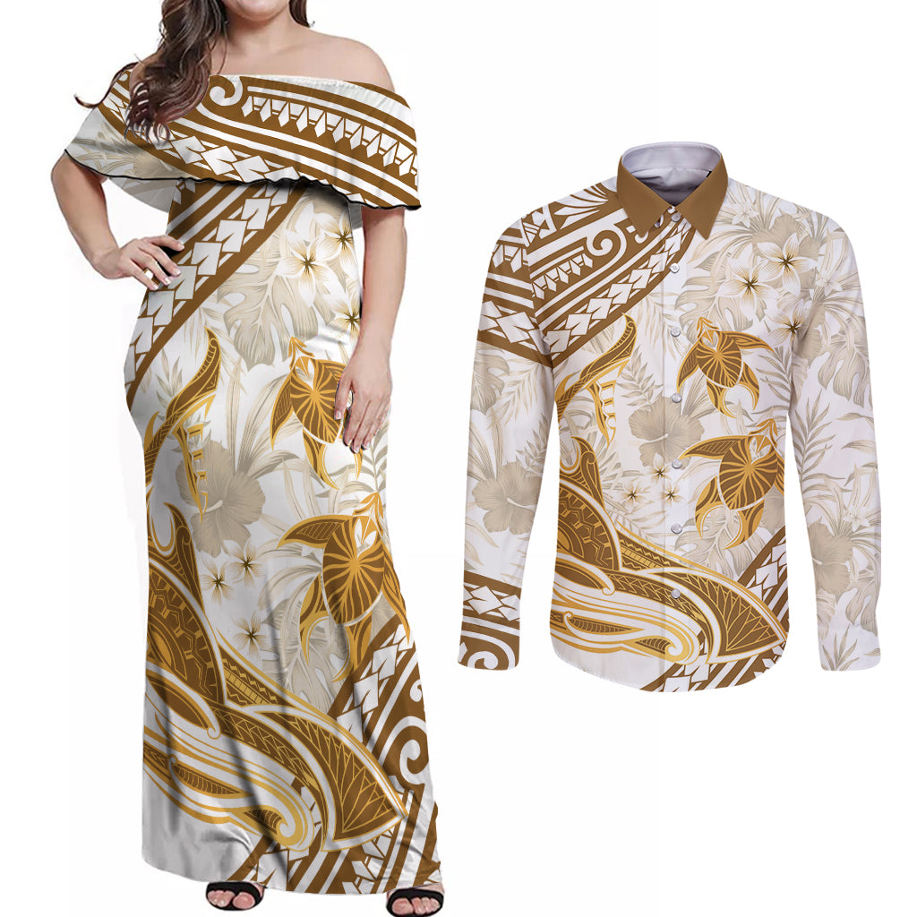 Gold Polynesia Couples Matching Off Shoulder Maxi Dress and Long Sleeve Button Shirt Polynesian Turtle Shark Tattoo Tropical Vintage LT14 Gold - Polynesian Pride