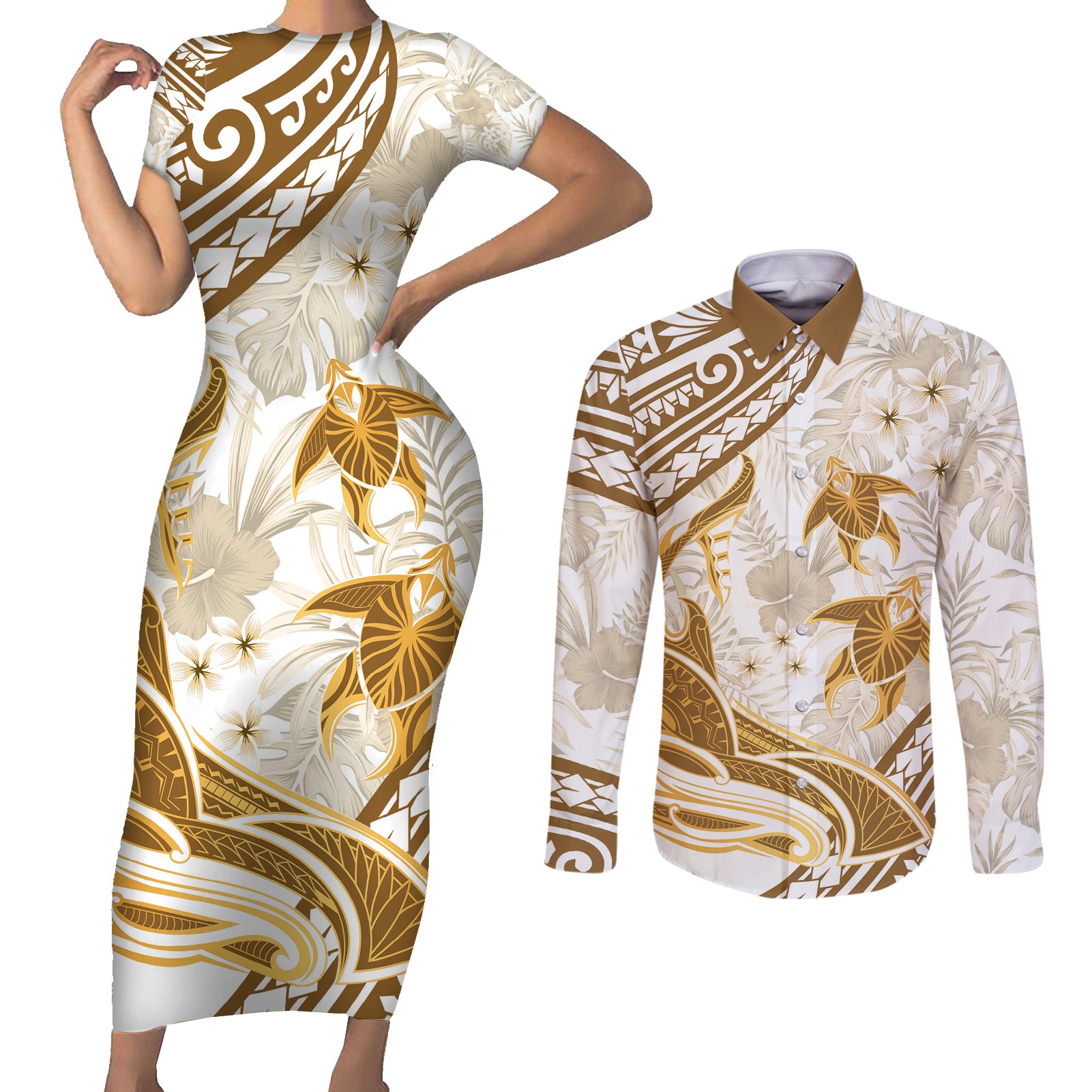 Gold Polynesia Couples Matching Short Sleeve Bodycon Dress and Long Sleeve Button Shirt Polynesian Turtle Shark Tattoo Tropical Vintage LT14 Gold - Polynesian Pride