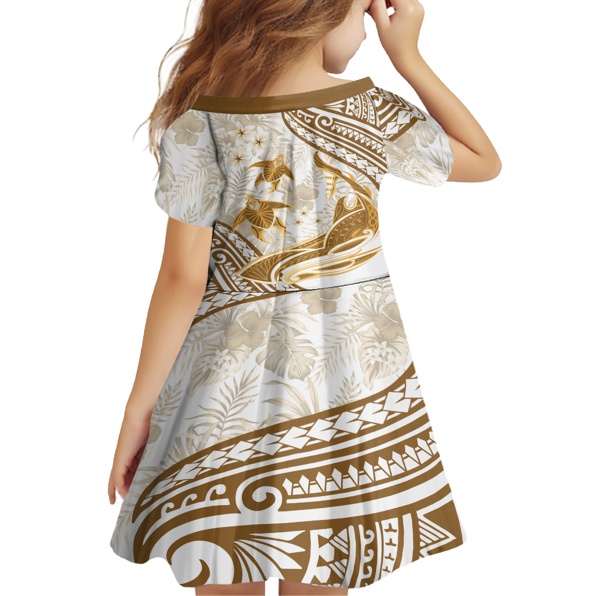 Gold Polynesia Family Matching Off Shoulder Long Sleeve Dress and Hawaiian Shirt Polynesian Turtle Shark Tattoo Tropical Vintage LT14 - Polynesian Pride