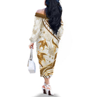 Gold Polynesia Family Matching Off Shoulder Long Sleeve Dress and Hawaiian Shirt Polynesian Turtle Shark Tattoo Tropical Vintage LT14 - Polynesian Pride