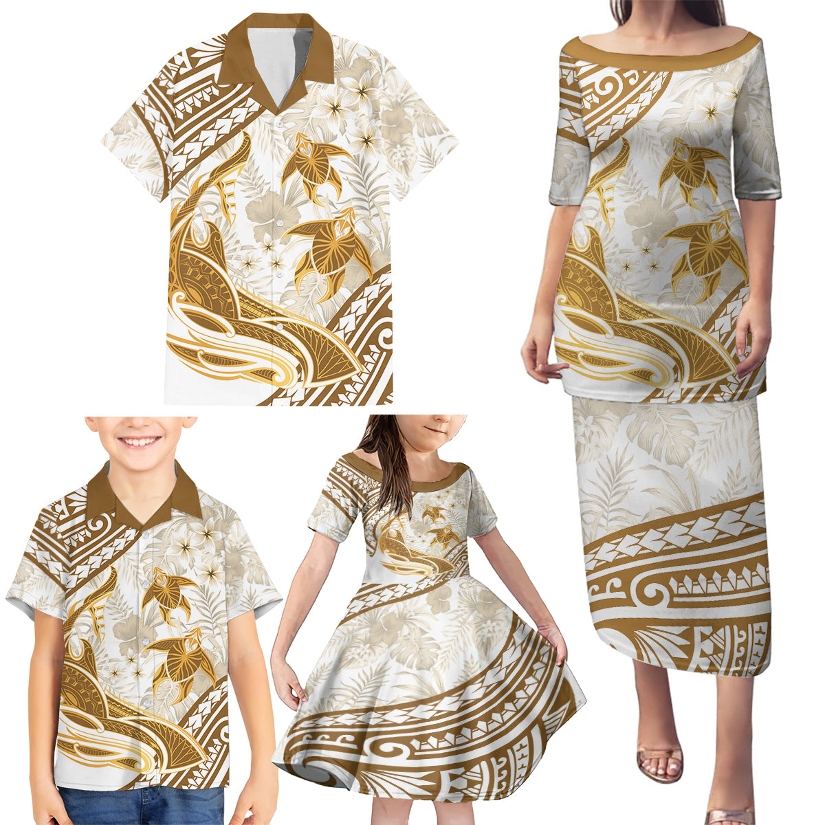 Gold Polynesia Family Matching Puletasi and Hawaiian Shirt Polynesian Turtle Shark Tattoo Tropical Vintage LT14 - Polynesian Pride