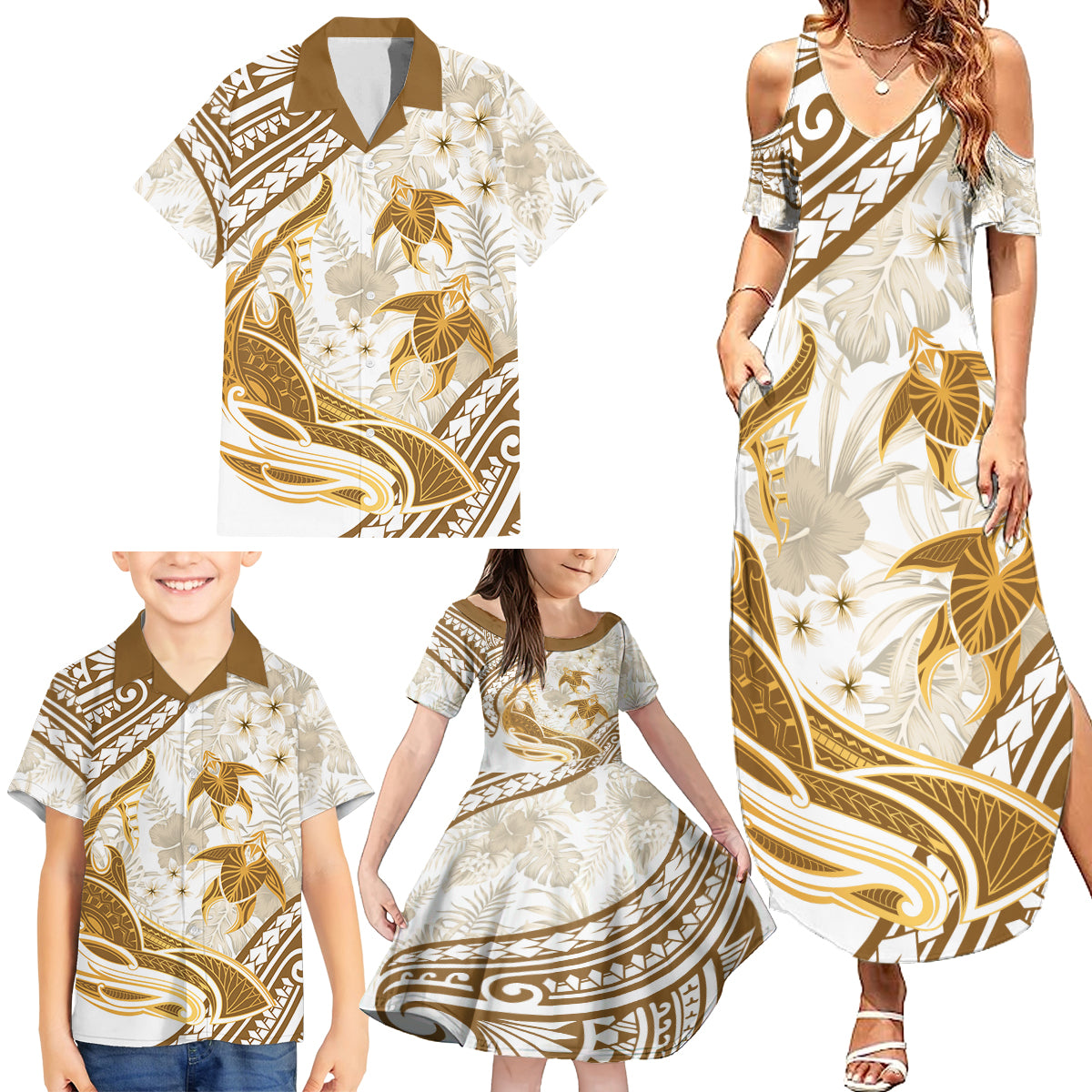 Gold Polynesia Family Matching Summer Maxi Dress and Hawaiian Shirt Polynesian Turtle Shark Tattoo Tropical Vintage LT14 - Polynesian Pride