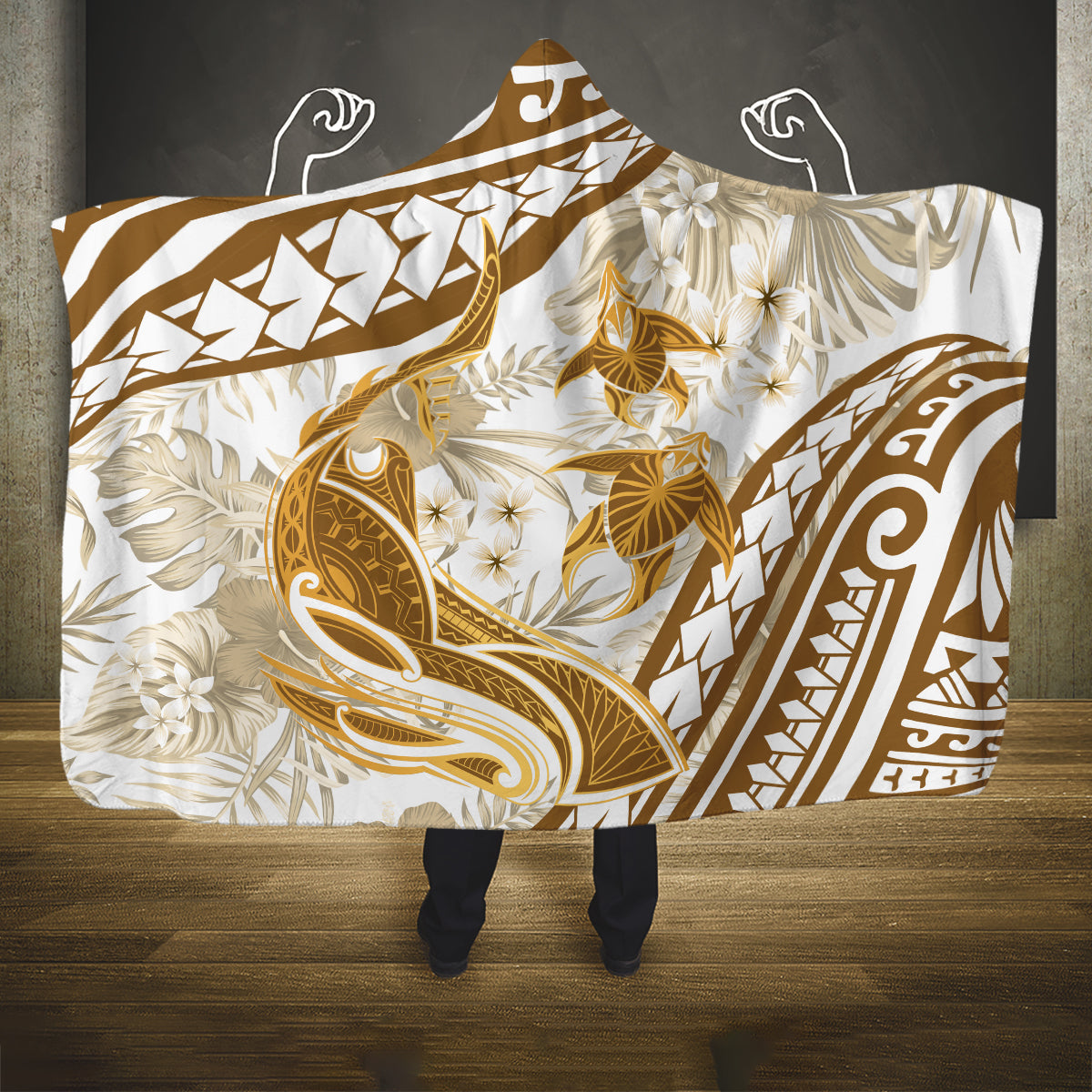Gold Polynesia Hooded Blanket Polynesian Turtle Shark Tattoo Tropical Vintage LT14 One Size Gold - Polynesian Pride