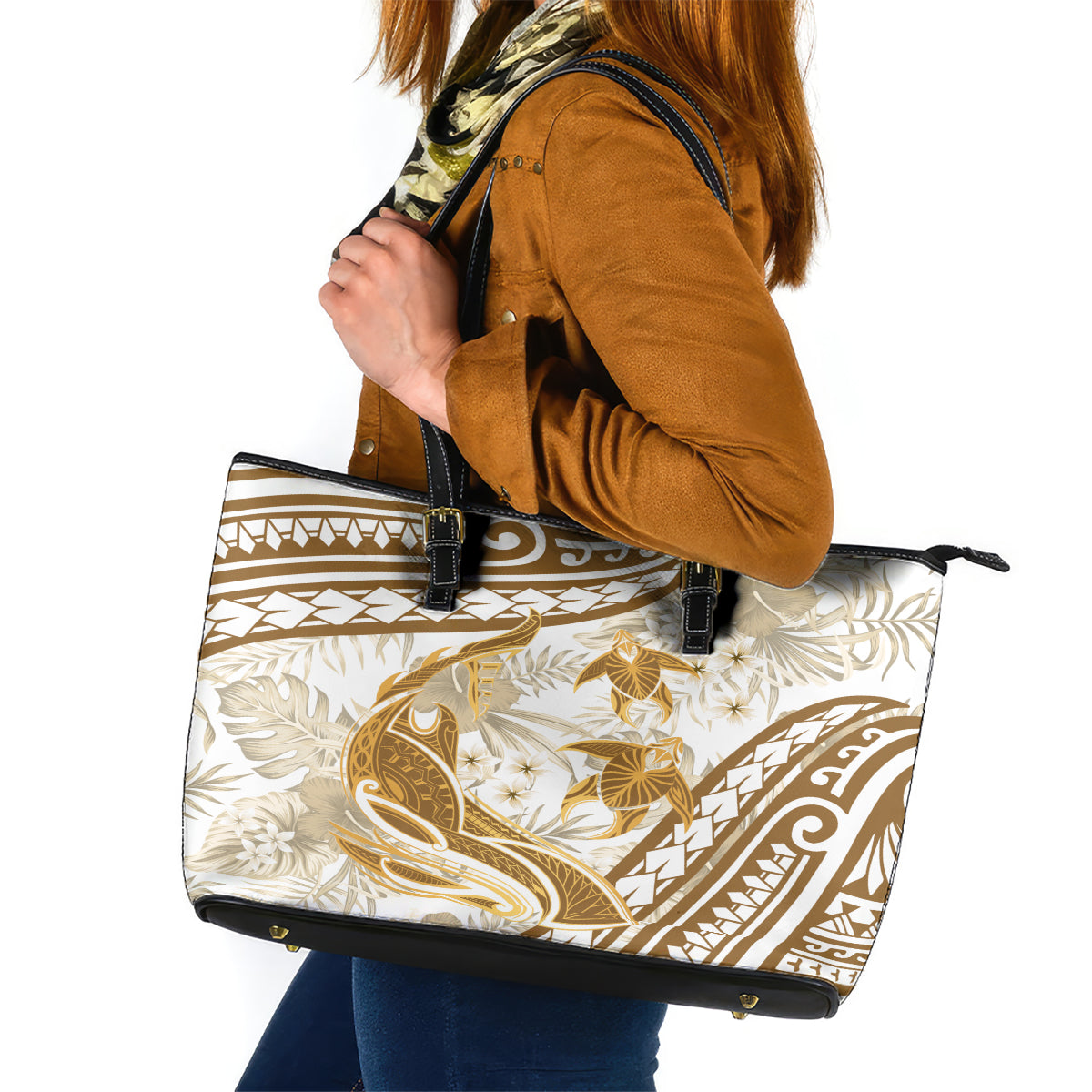 Gold Polynesia Leather Tote Bag Polynesian Turtle Shark Tattoo Tropical Vintage LT14 Gold - Polynesian Pride