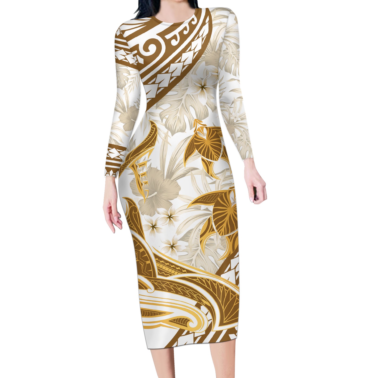 Gold Polynesia Long Sleeve Bodycon Dress Polynesian Turtle Shark Tattoo Tropical Vintage LT14 Long Dress Gold - Polynesian Pride