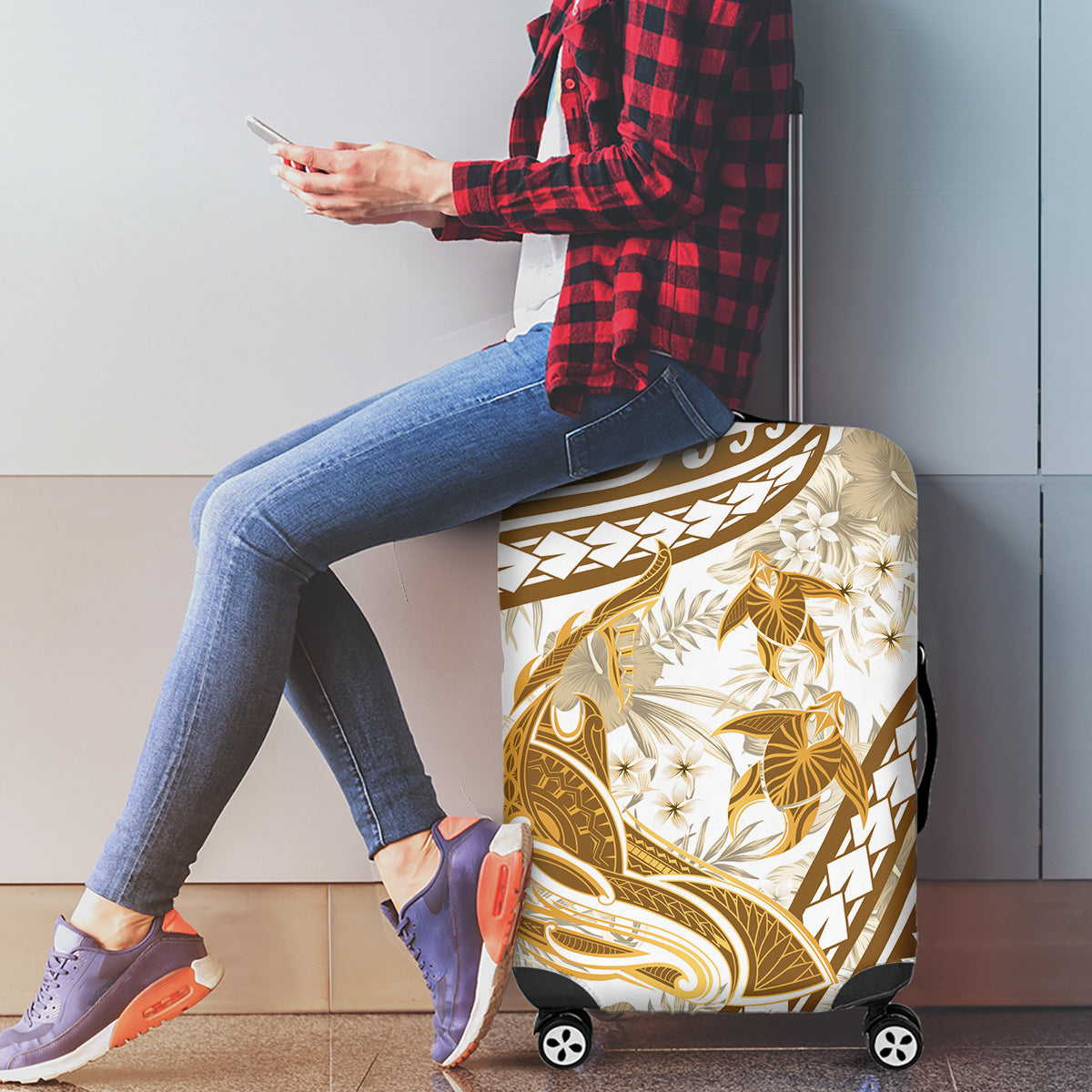 Gold Polynesia Luggage Cover Polynesian Turtle Shark Tattoo Tropical Vintage