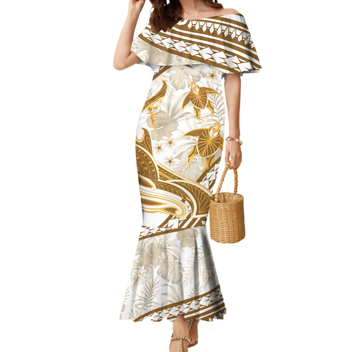 Gold Polynesia Mermaid Dress Polynesian Turtle Shark Tattoo Tropical Vintage LT14 Women Gold - Polynesian Pride