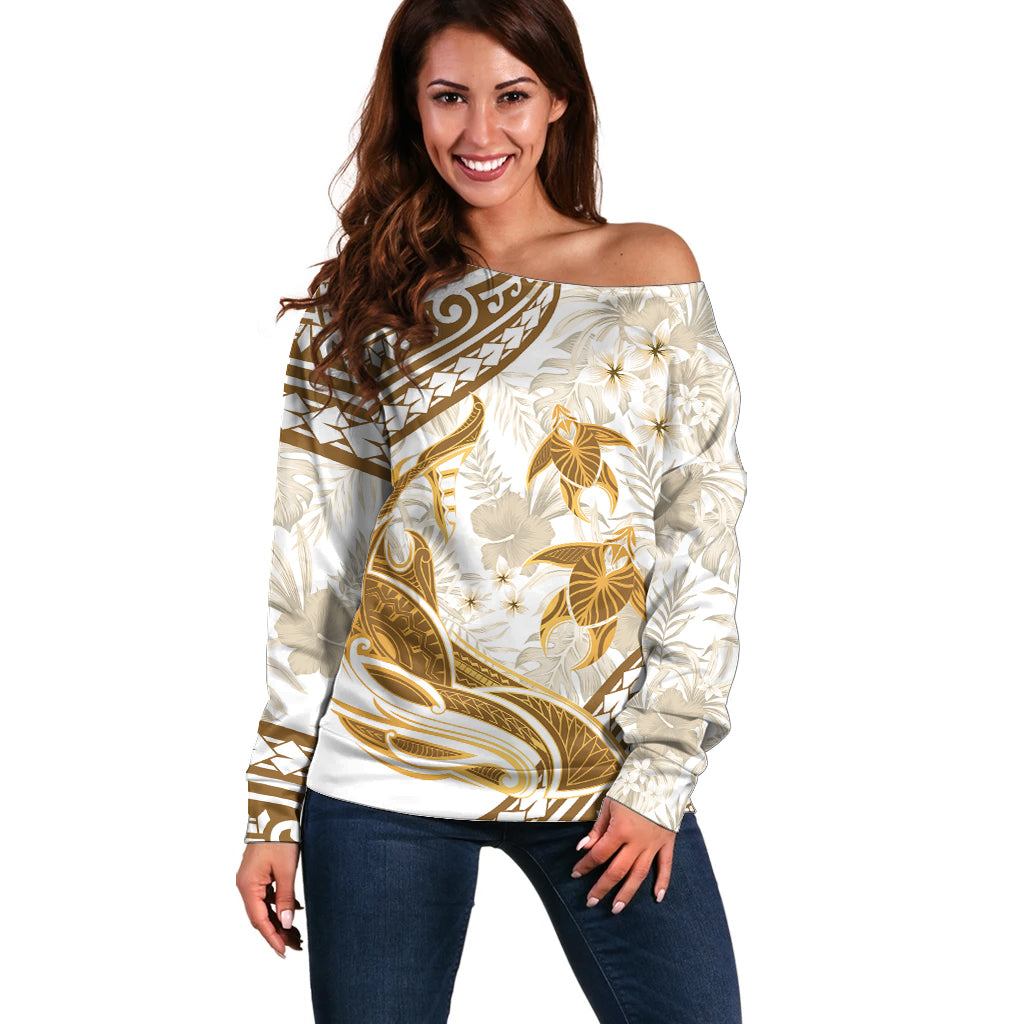 Gold Polynesia Off Shoulder Sweater Polynesian Turtle Shark Tattoo Tropical Vintage LT14 Women Gold - Polynesian Pride