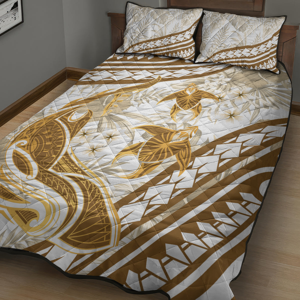Gold Polynesia Quilt Bed Set Polynesian Turtle Shark Tattoo Tropical Vintage LT14 - Polynesian Pride