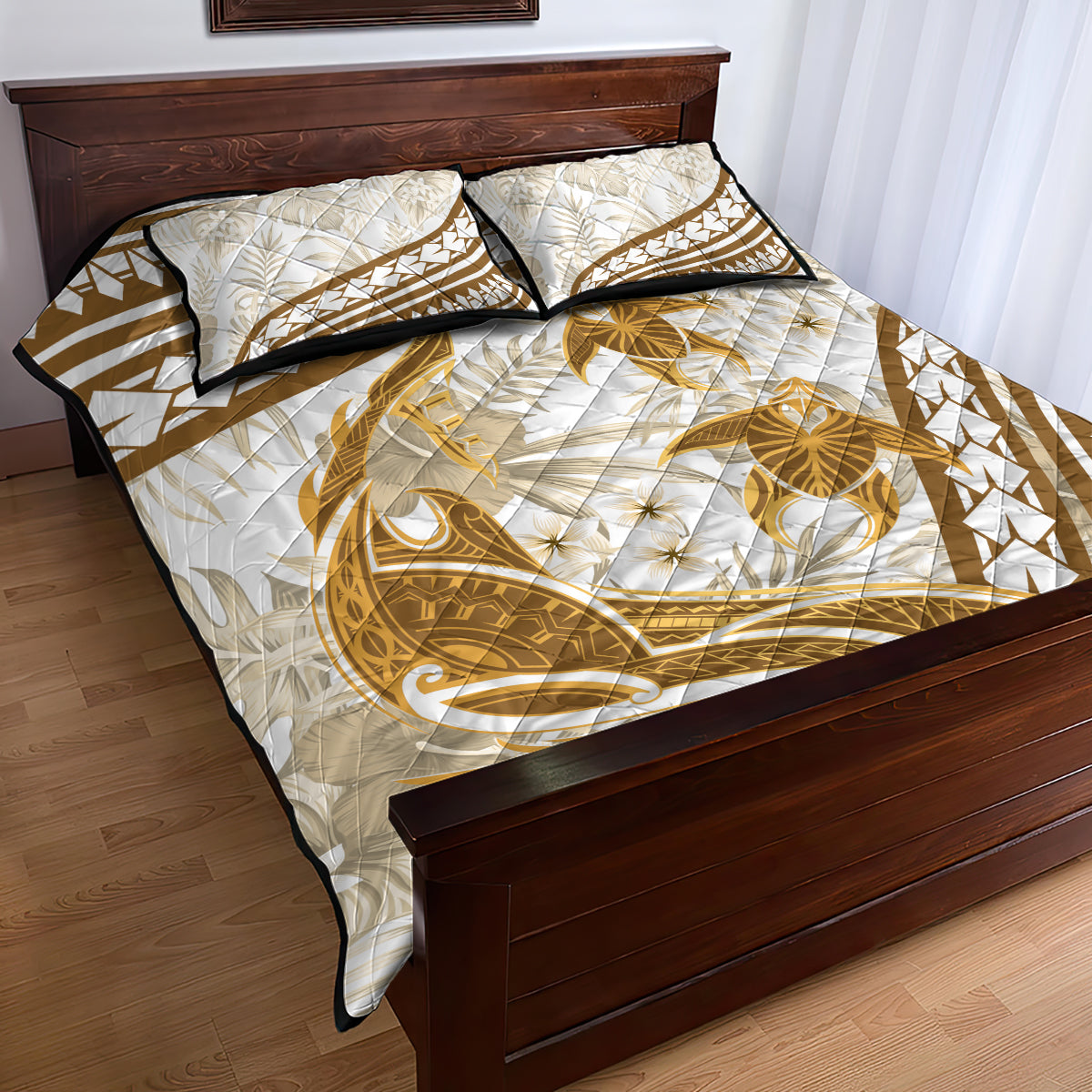 Gold Polynesia Quilt Bed Set Polynesian Turtle Shark Tattoo Tropical Vintage LT14 - Polynesian Pride