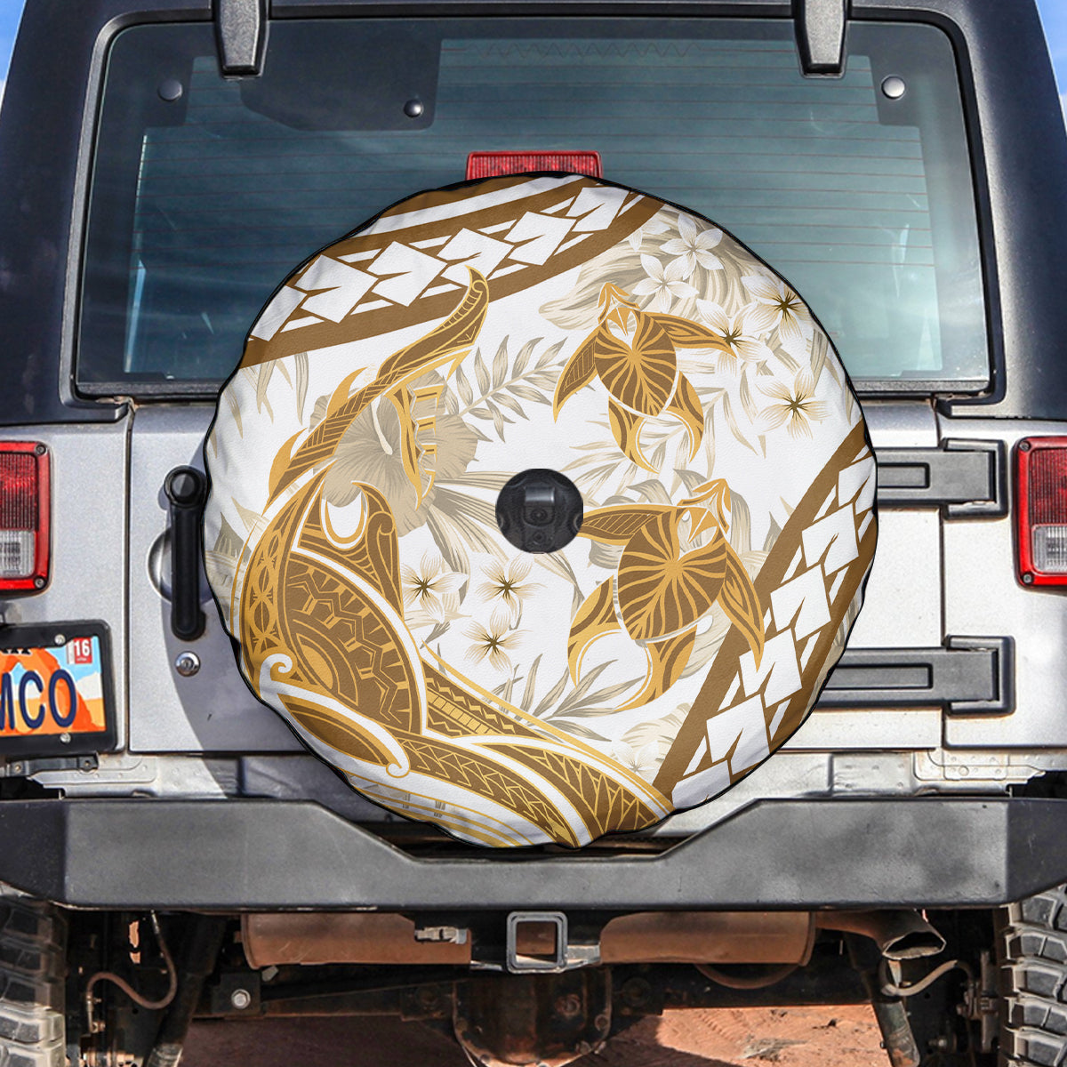 Gold Polynesia Spare Tire Cover Polynesian Turtle Shark Tattoo Tropical Vintage