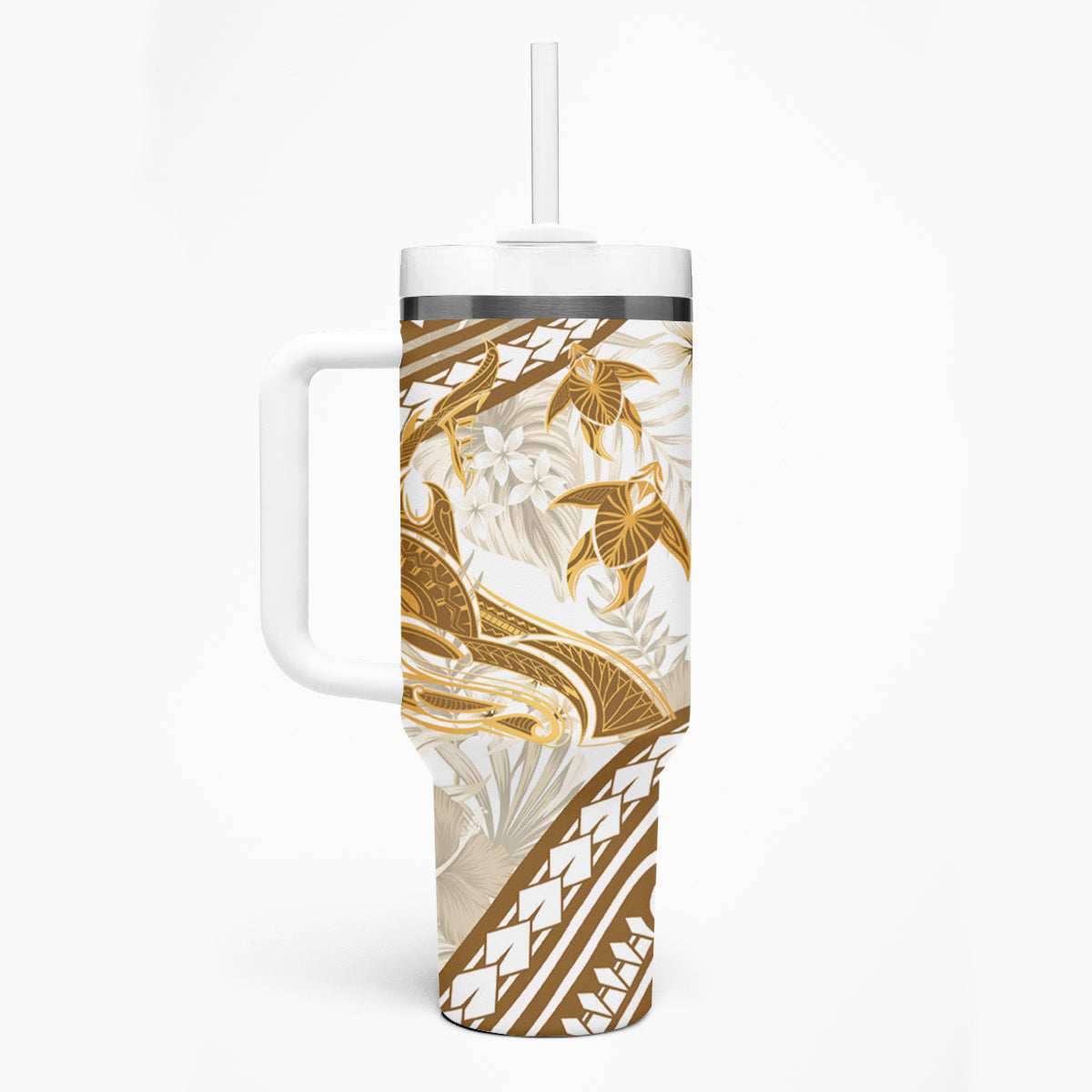 Gold Polynesia Tumbler With Handle Polynesian Turtle Shark Tattoo Tropical Vintage