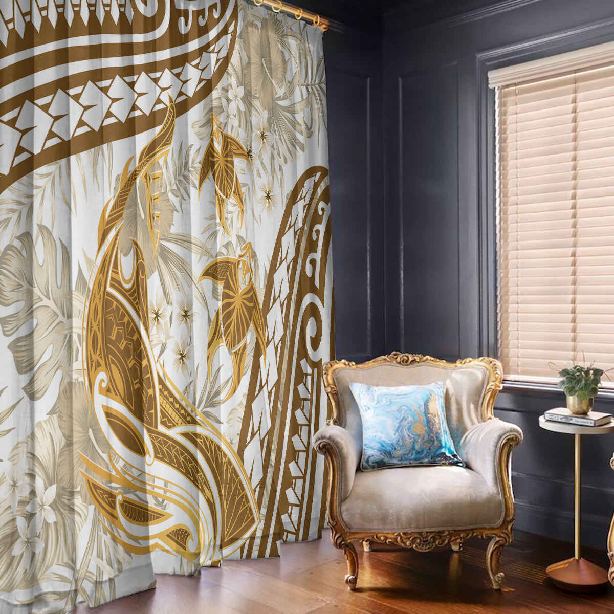 Gold Polynesia Window Curtain Polynesian Turtle Shark Tattoo Tropical Vintage LT14 - Polynesian Pride