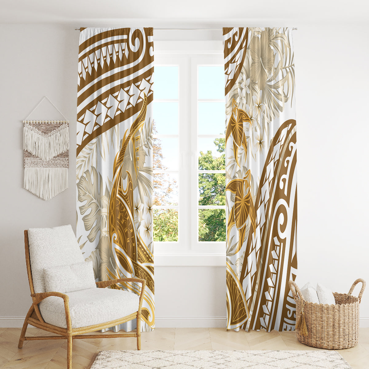Gold Polynesia Window Curtain Polynesian Turtle Shark Tattoo Tropical Vintage LT14 - Polynesian Pride