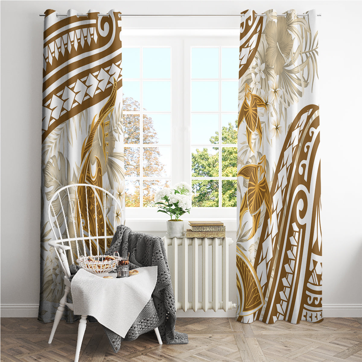 Gold Polynesia Window Curtain Polynesian Turtle Shark Tattoo Tropical Vintage LT14 - Polynesian Pride