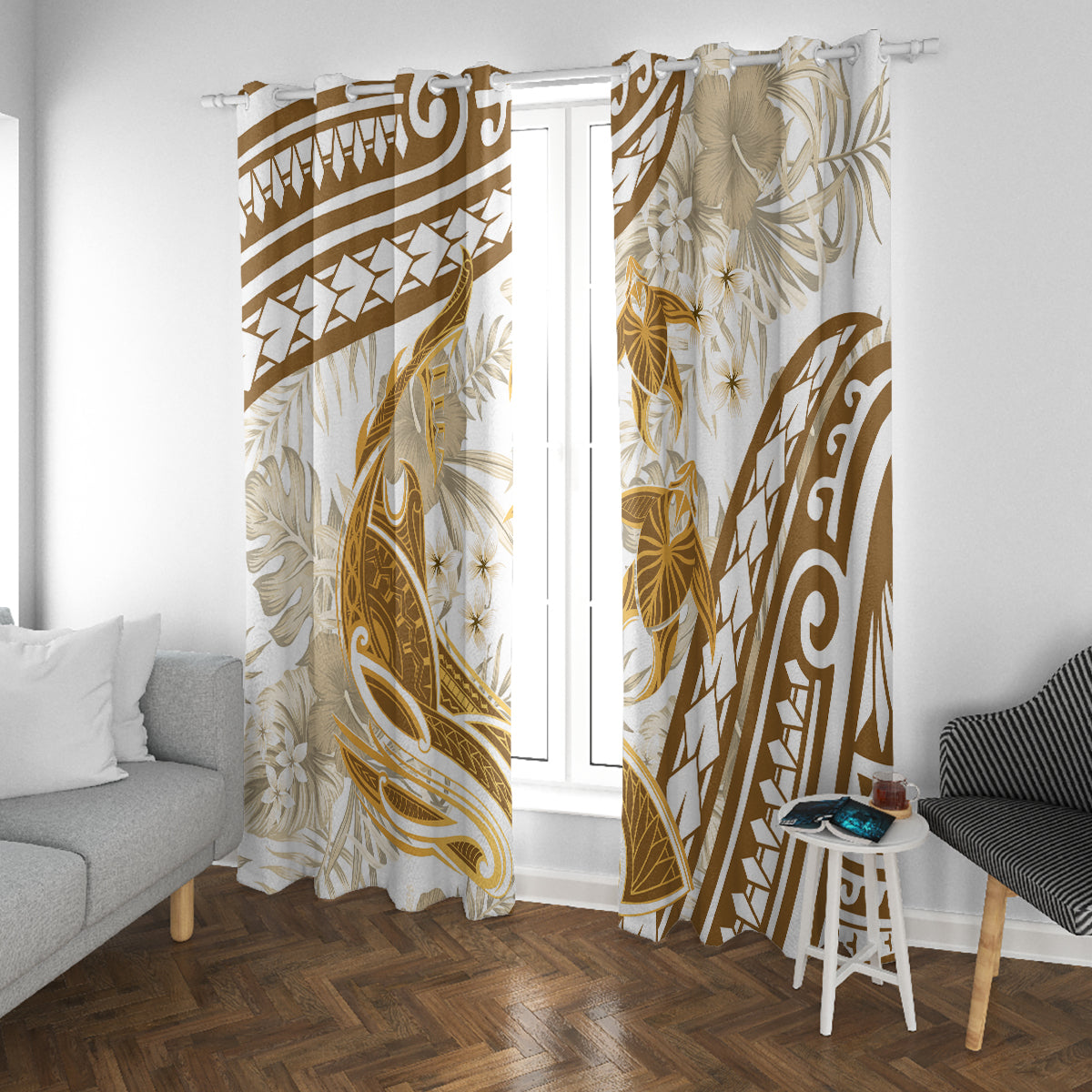 Gold Polynesia Window Curtain Polynesian Turtle Shark Tattoo Tropical Vintage LT14 With Grommets Gold - Polynesian Pride