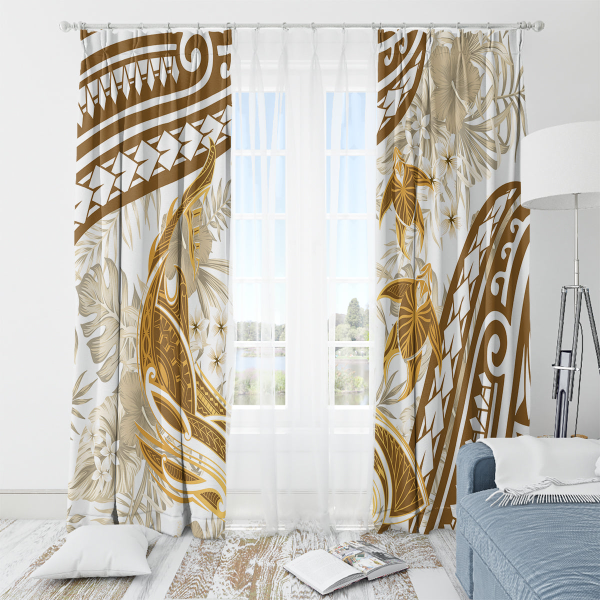 Gold Polynesia Window Curtain Polynesian Turtle Shark Tattoo Tropical Vintage LT14 - Polynesian Pride