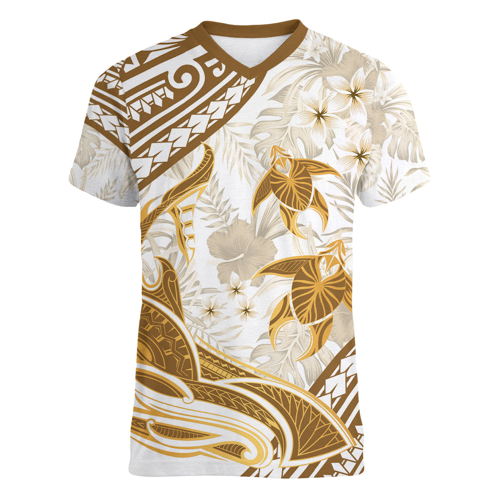 Gold Polynesia Women V Neck T Shirt Polynesian Turtle Shark Tattoo Tropical Vintage LT14 Female Gold - Polynesian Pride