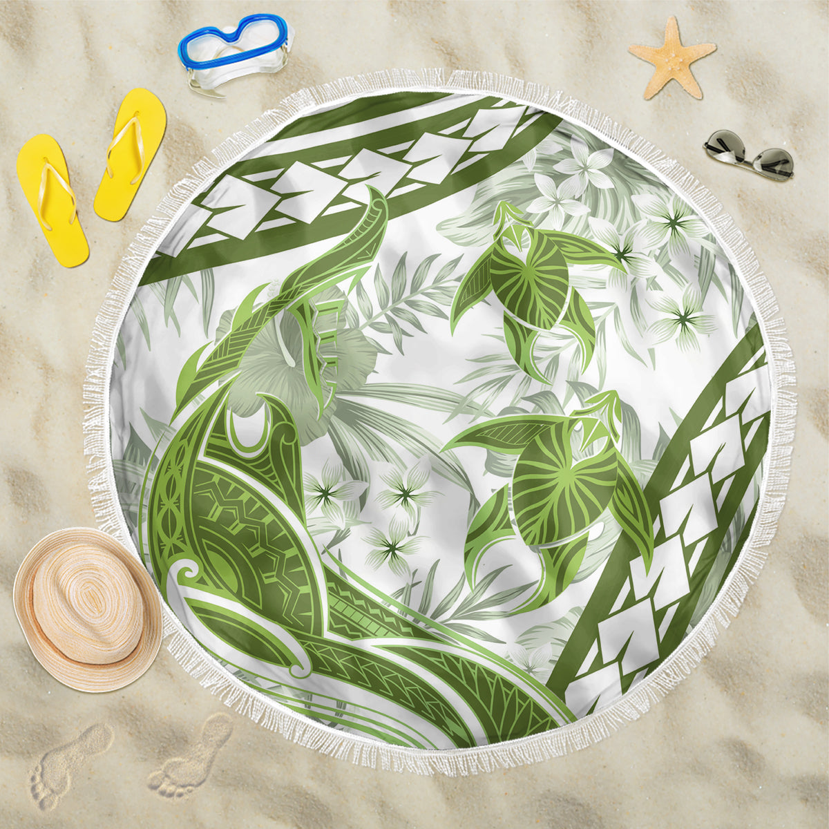 Lime Green Polynesia Beach Blanket Polynesian Turtle Shark Tattoo Tropical Vintage LT14 One Size 150cm Lime Green - Polynesian Pride
