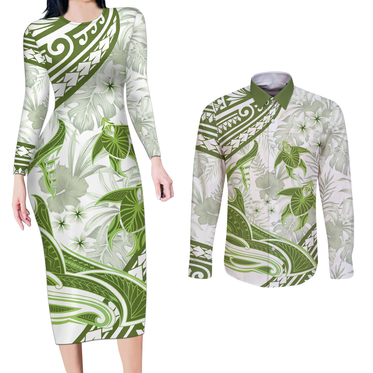 Lime Green Polynesia Couples Matching Long Sleeve Bodycon Dress and Long Sleeve Button Shirt Polynesian Turtle Shark Tattoo Tropical Vintage LT14 Lime Green - Polynesian Pride