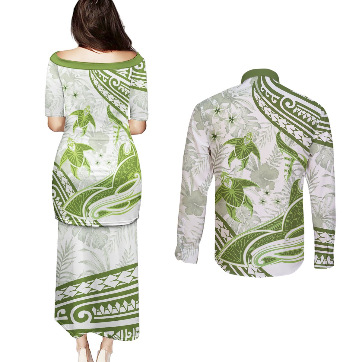 Lime Green Polynesia Couples Matching Puletasi and Long Sleeve Button Shirt Polynesian Turtle Shark Tattoo Tropical Vintage LT14 - Polynesian Pride
