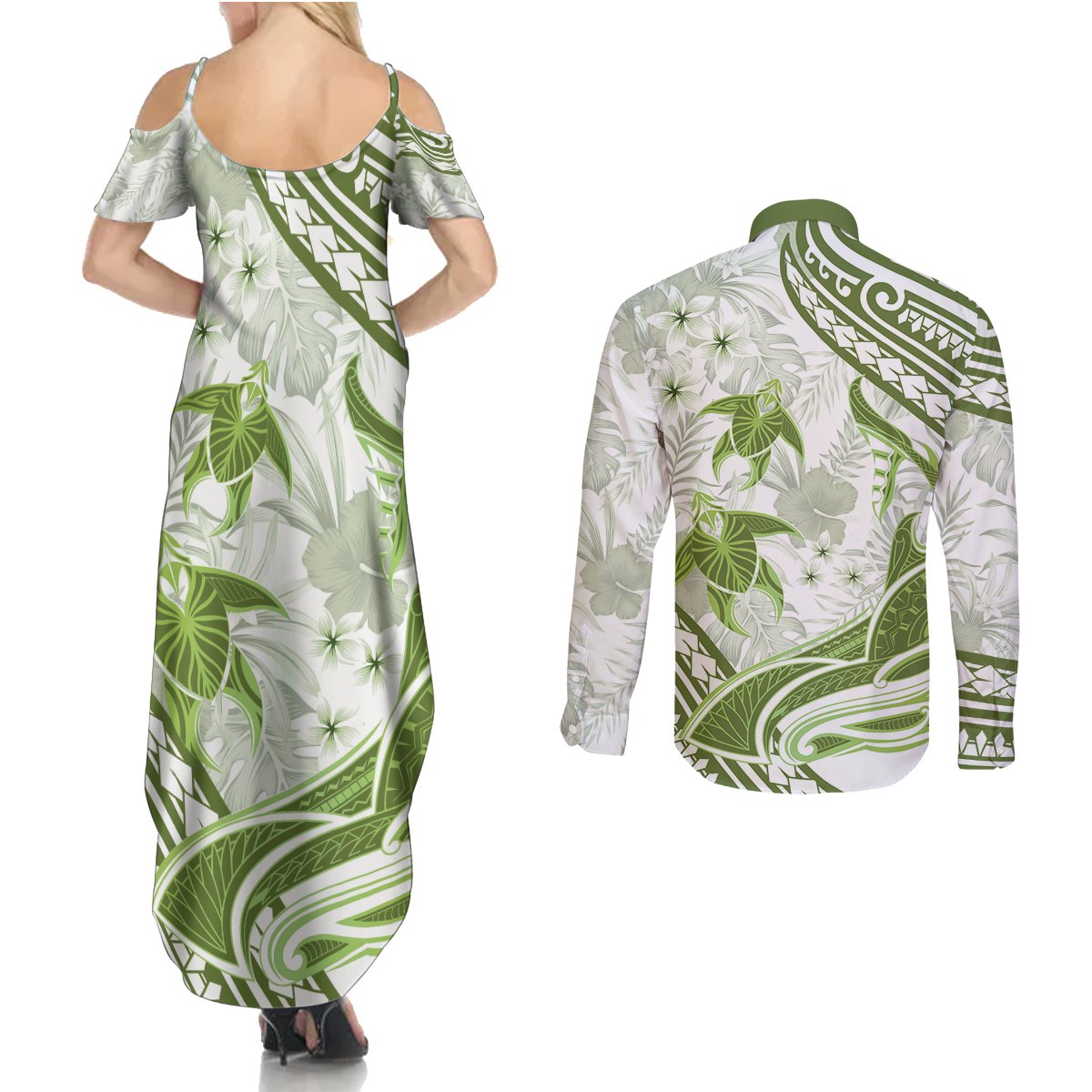 Lime Green Polynesia Couples Matching Summer Maxi Dress and Long Sleeve Button Shirt Polynesian Turtle Shark Tattoo Tropical Vintage LT14 - Polynesian Pride