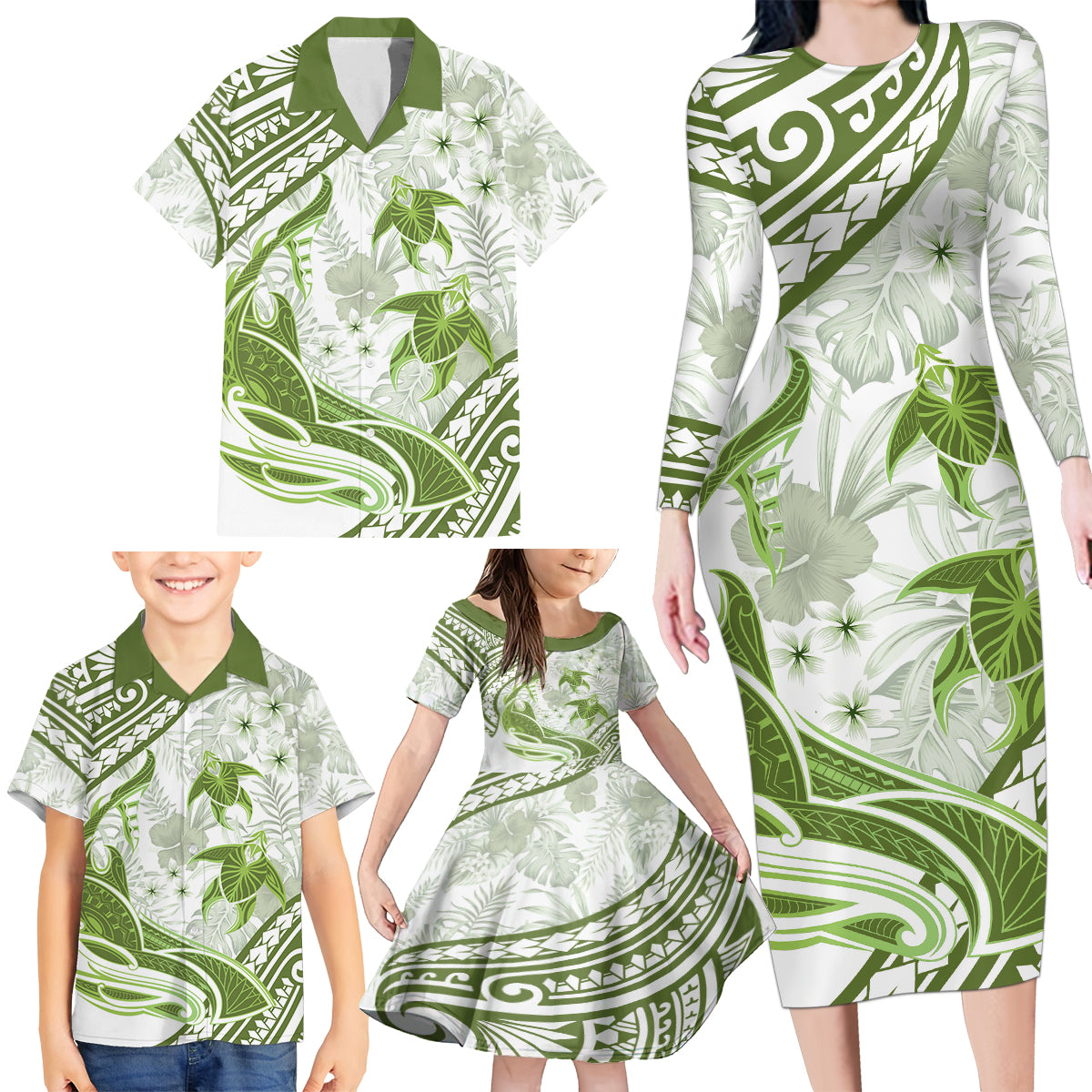 Lime Green Polynesia Family Matching Long Sleeve Bodycon Dress and Hawaiian Shirt Polynesian Turtle Shark Tattoo Tropical Vintage LT14 - Polynesian Pride