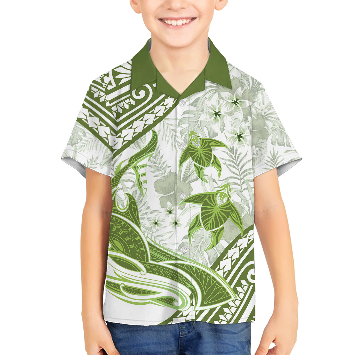 Lime Green Polynesia Family Matching Off Shoulder Long Sleeve Dress and Hawaiian Shirt Polynesian Turtle Shark Tattoo Tropical Vintage LT14 Son's Shirt Lime Green - Polynesian Pride