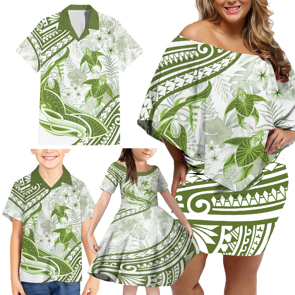 Lime Green Polynesia Family Matching Off Shoulder Short Dress and Hawaiian Shirt Polynesian Turtle Shark Tattoo Tropical Vintage LT14 - Polynesian Pride