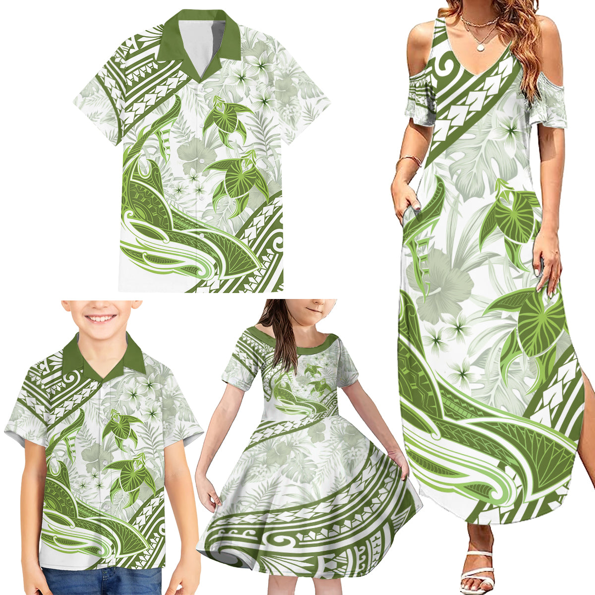 Lime Green Polynesia Family Matching Summer Maxi Dress and Hawaiian Shirt Polynesian Turtle Shark Tattoo Tropical Vintage LT14 - Polynesian Pride