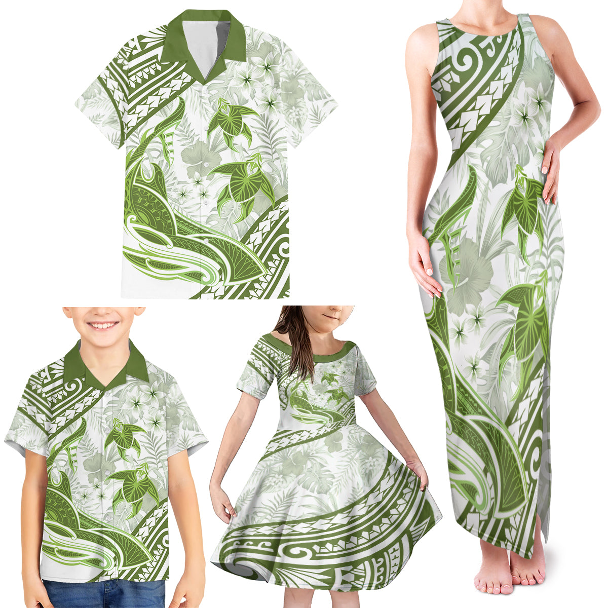 Lime Green Polynesia Family Matching Tank Maxi Dress and Hawaiian Shirt Polynesian Turtle Shark Tattoo Tropical Vintage LT14 - Polynesian Pride