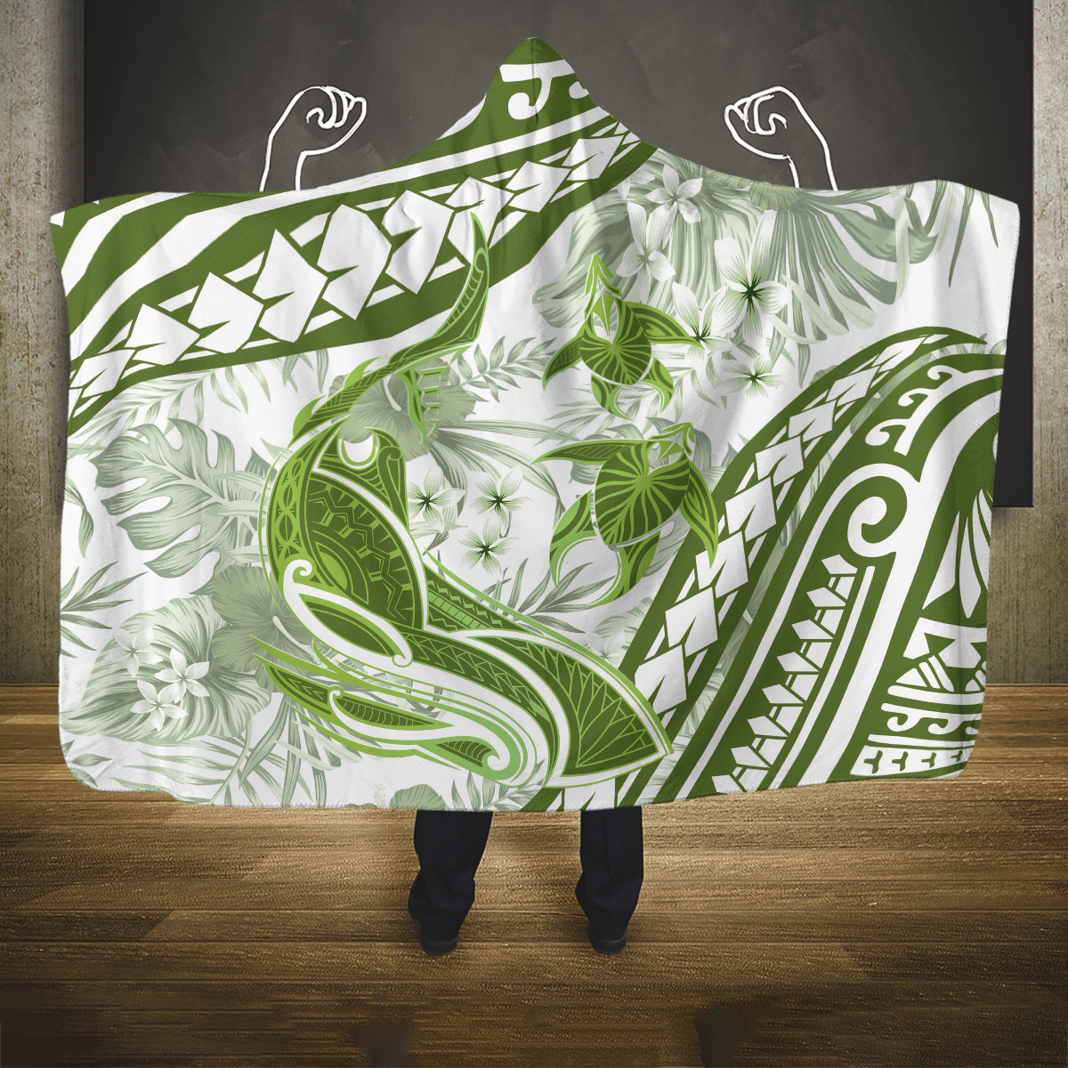 Lime Green Polynesia Hooded Blanket Polynesian Turtle Shark Tattoo Tropical Vintage LT14 One Size Lime Green - Polynesian Pride