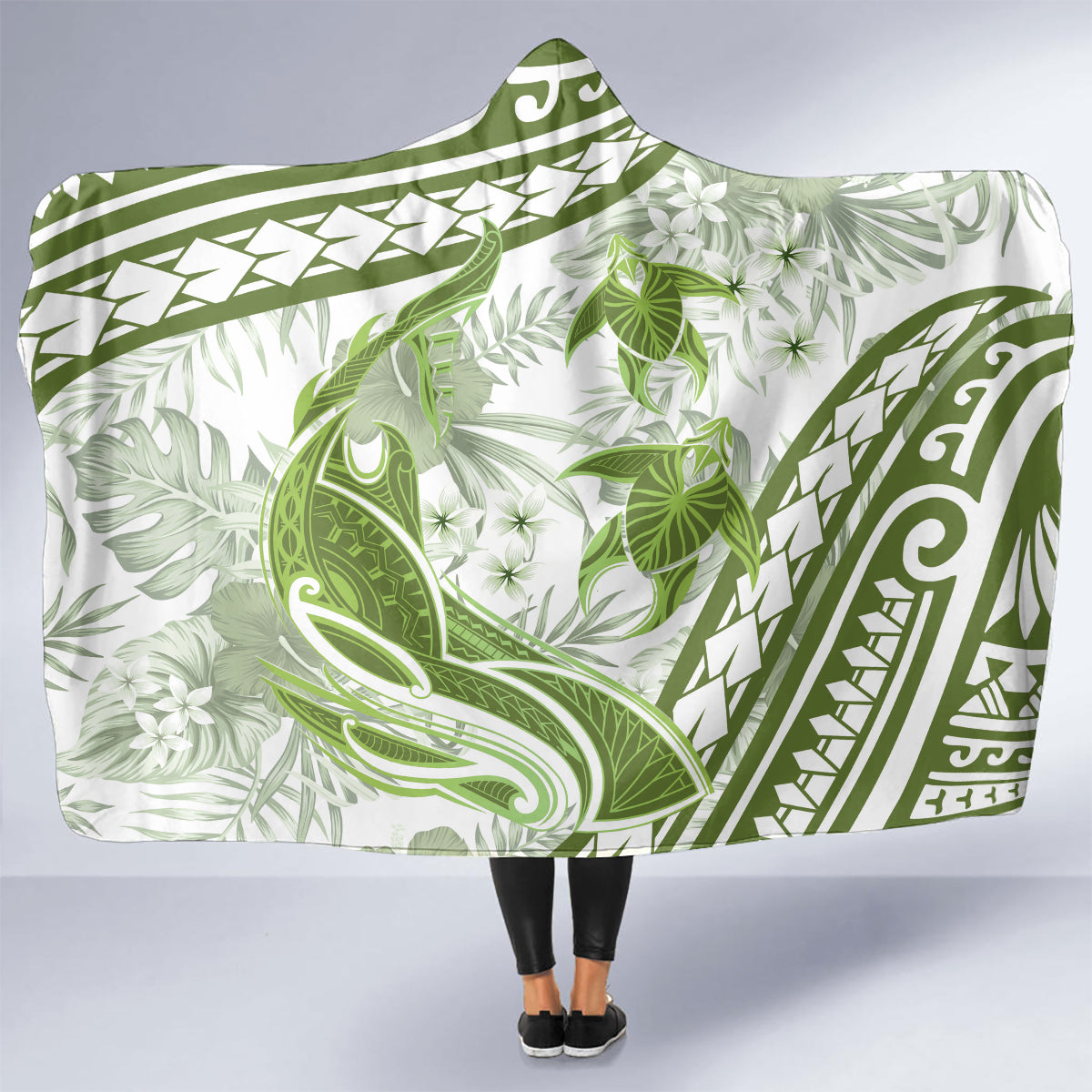 Lime Green Polynesia Hooded Blanket Polynesian Turtle Shark Tattoo Tropical Vintage LT14 - Polynesian Pride