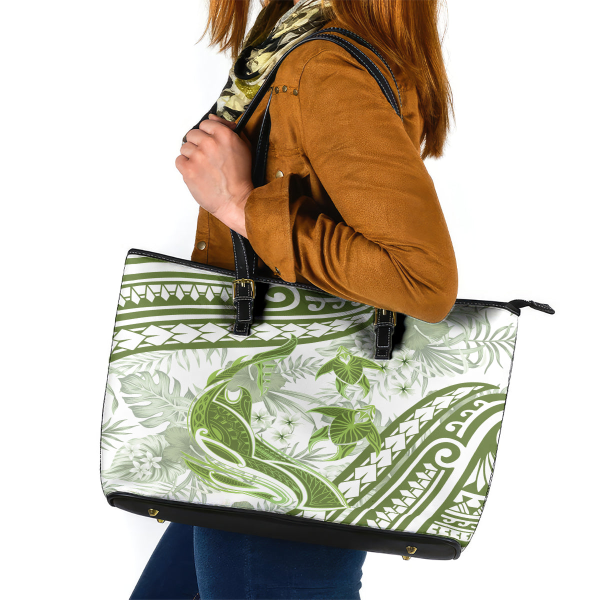 Lime Green Polynesia Leather Tote Bag Polynesian Turtle Shark Tattoo Tropical Vintage LT14 Lime Green - Polynesian Pride