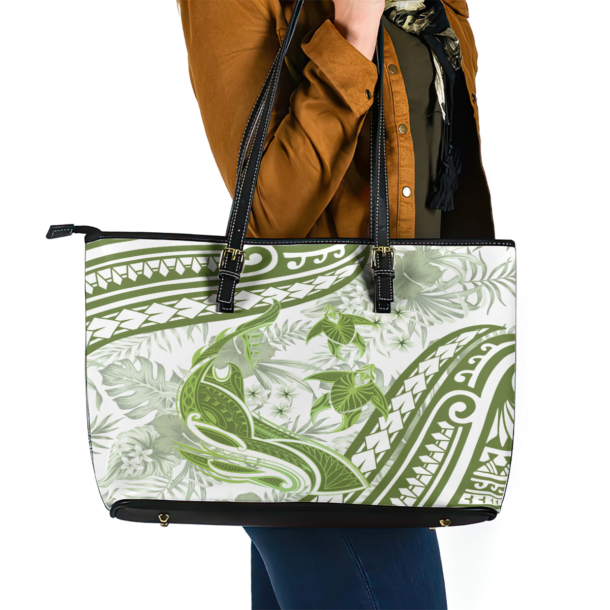 Lime Green Polynesia Leather Tote Bag Polynesian Turtle Shark Tattoo Tropical Vintage LT14 - Polynesian Pride