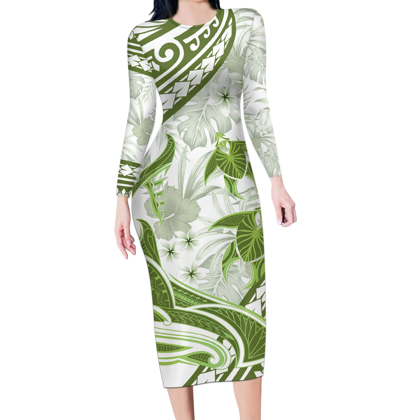 Lime Green Polynesia Long Sleeve Bodycon Dress Polynesian Turtle Shark Tattoo Tropical Vintage LT14 Long Dress Lime Green - Polynesian Pride