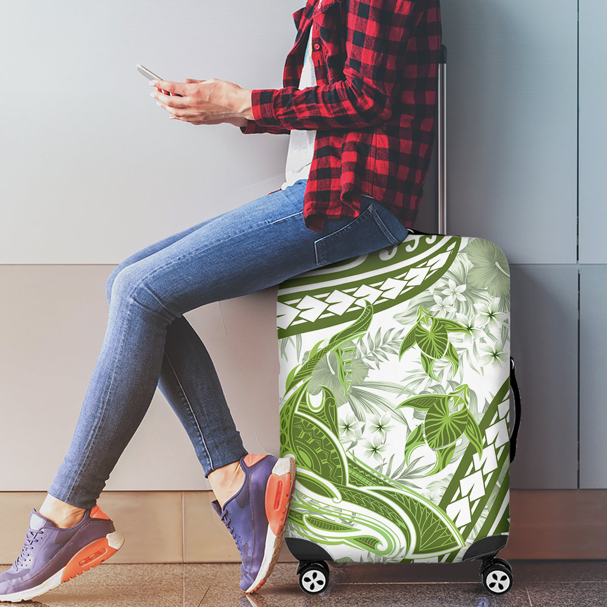 Lime Green Polynesia Luggage Cover Polynesian Turtle Shark Tattoo Tropical Vintage