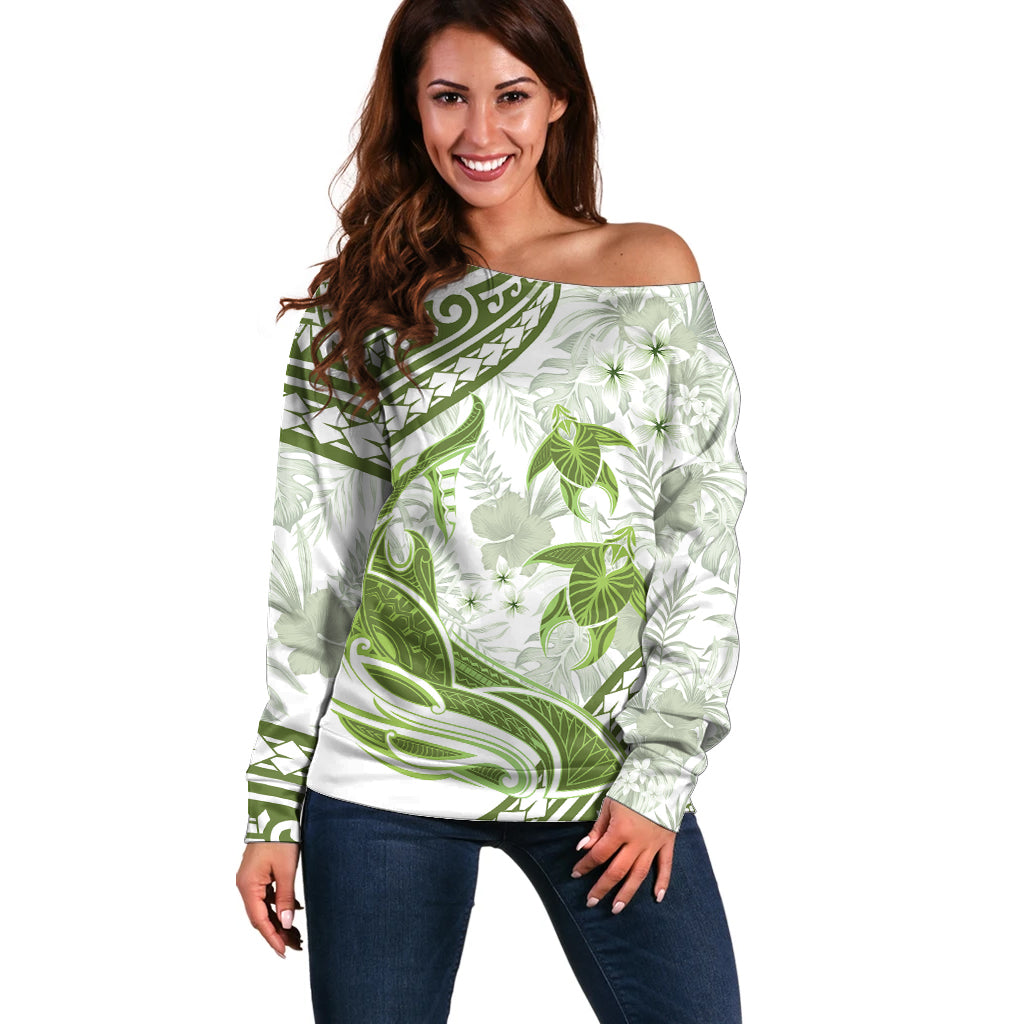 Lime Green Polynesia Off Shoulder Sweater Polynesian Turtle Shark Tattoo Tropical Vintage LT14 Women Lime Green - Polynesian Pride
